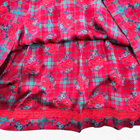 Vintage 80s Halston III Silk Floral Plaid Dress Red Pink Teal Belted Midi Size 4 - Picture 4 of 16